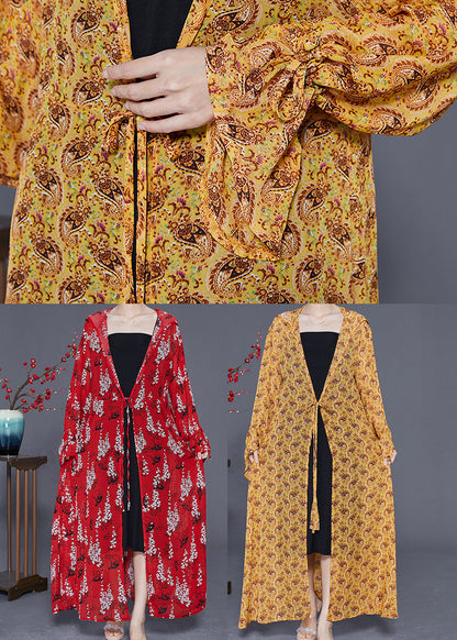 Plus Size Yellow Hooded Print Chiffon Long Cardigan Summer LY2402 - fabuloryshop