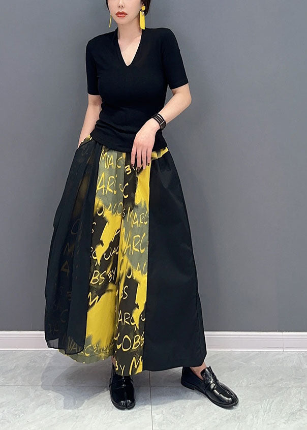 Plus Size Yellow Letter Print Pockets Cotton Wide Leg Pants Spring LY1592 - fabuloryshop