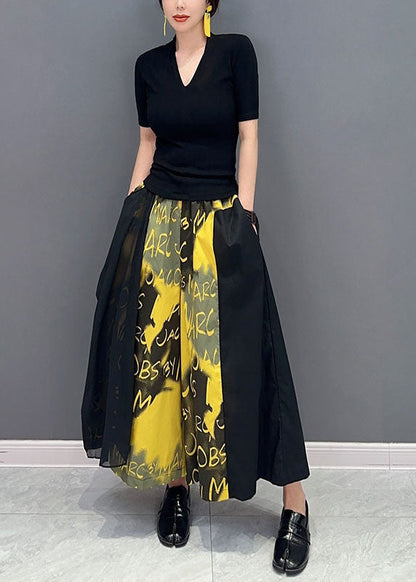 Plus Size Yellow Letter Print Pockets Cotton Wide Leg Pants Spring LY1592 - fabuloryshop