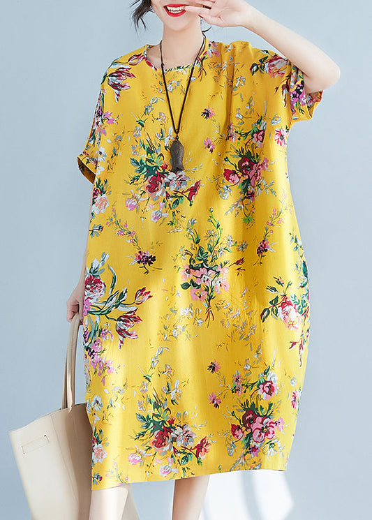 Plus Size Yellow O-Neck Print Cotton Holiday Dress Summer LY0906 - fabuloryshop