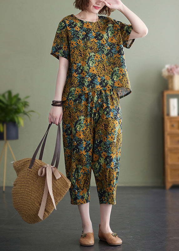 Plus Size Yellow O-Neck Print Cotton Two Piece Set Women Clothing Summer LY7319 - fabuloryshop