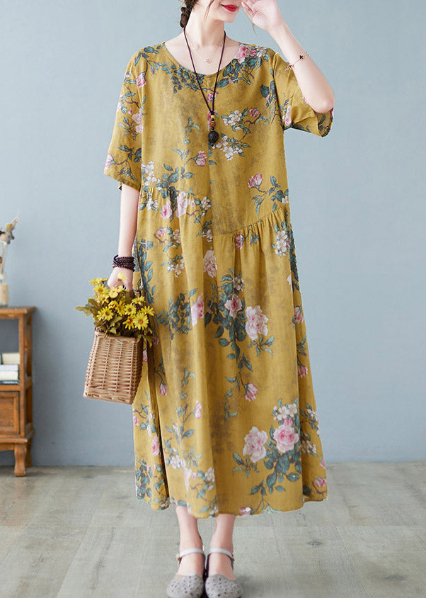 Plus Size Yellow O-Neck Print Maxi Dress Summer LY4423 - fabuloryshop