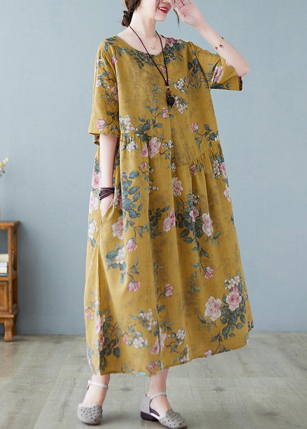 Plus Size Yellow O-Neck Print Maxi Dress Summer LY4423 - fabuloryshop