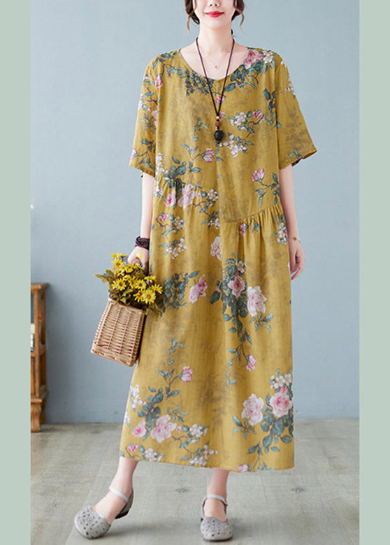 Plus Size Yellow O-Neck Print Maxi Dress Summer LY4423 - fabuloryshop