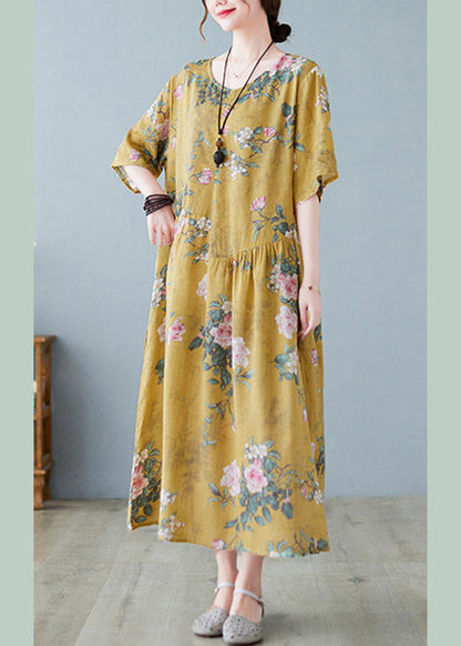 Plus Size Yellow O-Neck Print Maxi Dress Summer LY4423 - fabuloryshop