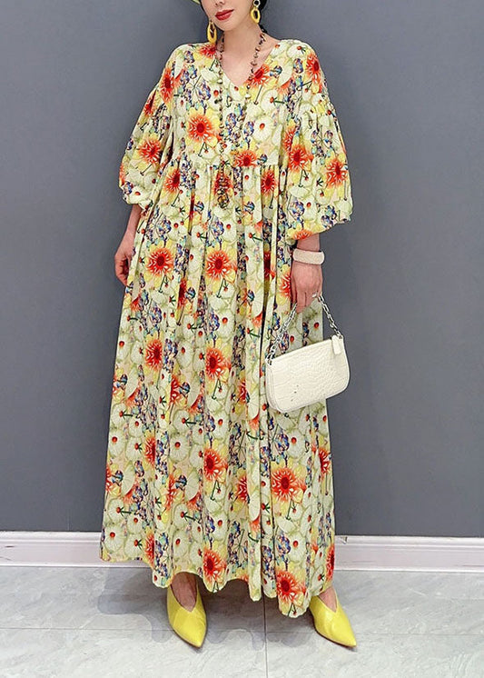 Plus Size Yellow Oversized Floral Print Cotton Robe Dresses Lantern Sleeve LY1566 - fabuloryshop