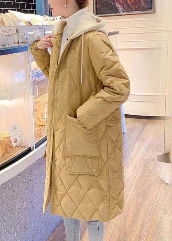 Plus Size Yellow Pockets Patchwork Drawstring Button Hooded Parka Long Sleeve Ada Fashion