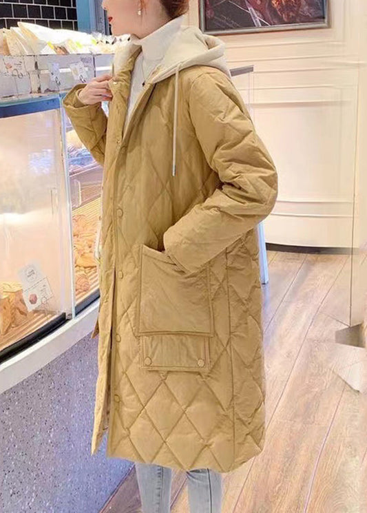 Plus Size Yellow Pockets Patchwork Drawstring Button Hooded Parka Long Sleeve Ada Fashion