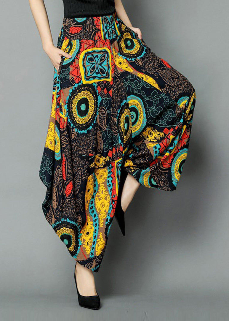 Plus Size Yellow Pockets Print Elastic Waist Crop Pants Summer Ada Fashion