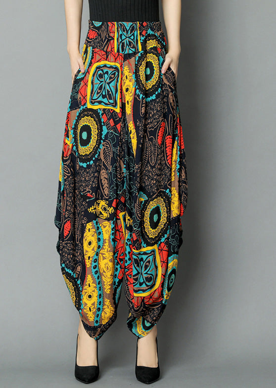 Plus Size Yellow Pockets Print Elastic Waist Crop Pants Summer Ada Fashion