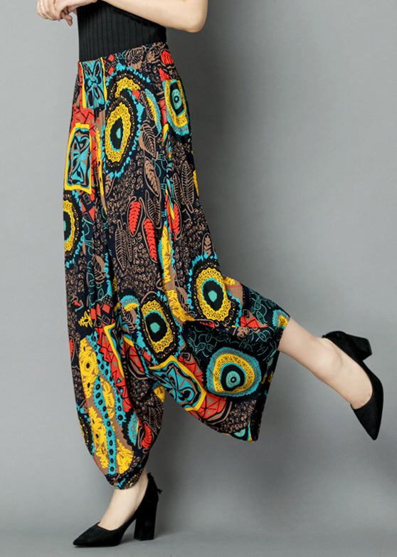 Plus Size Yellow Pockets Print Elastic Waist Crop Pants Summer Ada Fashion