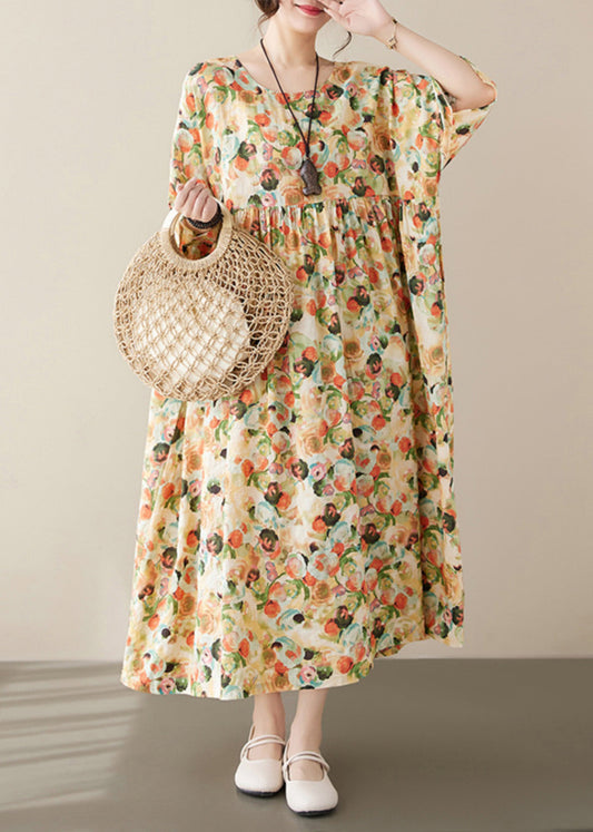 Plus Size Yellow Print Patchwork Holiday Maxi Dress Short Sleeve LY6058 - fabuloryshop