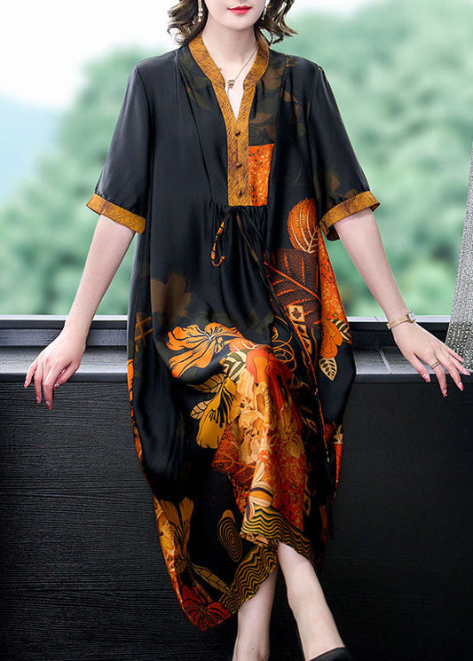 Plus Size Yellow Print Pockets Wrinkled Patchwork Silk Dress Summer Ada Fashion