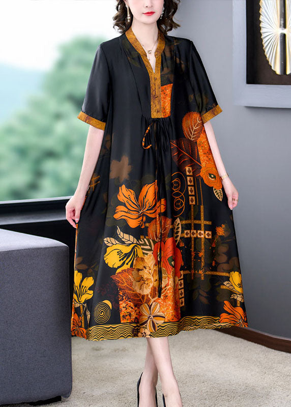 Plus Size Yellow Print Pockets Wrinkled Patchwork Silk Dress Summer Ada Fashion