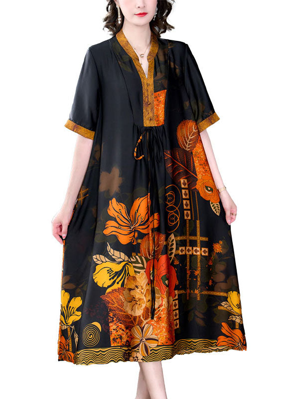 Plus Size Yellow Print Pockets Wrinkled Patchwork Silk Dress Summer Ada Fashion