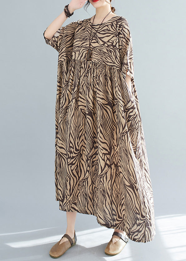 Plus Size Yellow Print Wrinkled Cotton Vacation Long Dresses Short Sleeve Ada Fashion