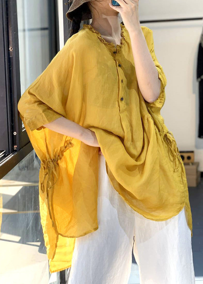 Plus Size Yellow Ruffled Cinched Cotton Shirt Tops Summer Ada Fashion