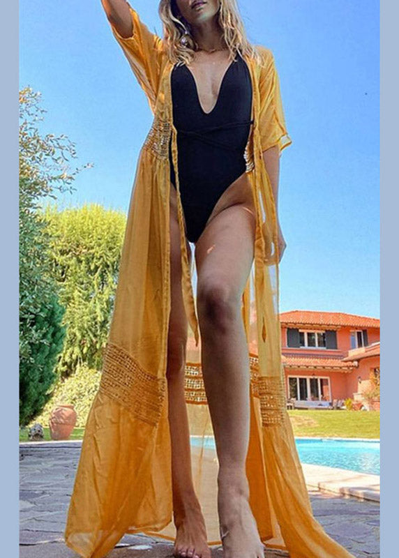 Plus Size Yellow V Neck Lace Patchwork Tie Waist Long Holiday Dress Short Sleeve LY3042 - fabuloryshop