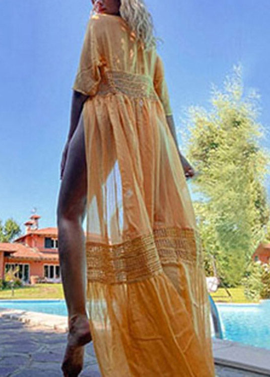 Plus Size Yellow V Neck Lace Patchwork Tie Waist Long Holiday Dress Short Sleeve LY3042 - fabuloryshop