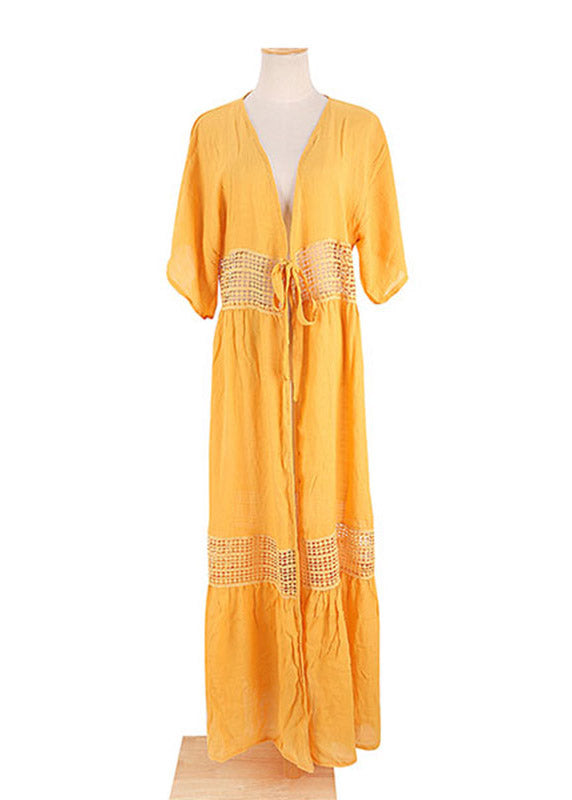 Plus Size Yellow V Neck Lace Patchwork Tie Waist Long Holiday Dress Short Sleeve LY3042 - fabuloryshop