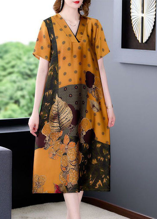 Plus Size Yellow V Neck Print Silk Long Dress Summer TH1029 - fabuloryshop