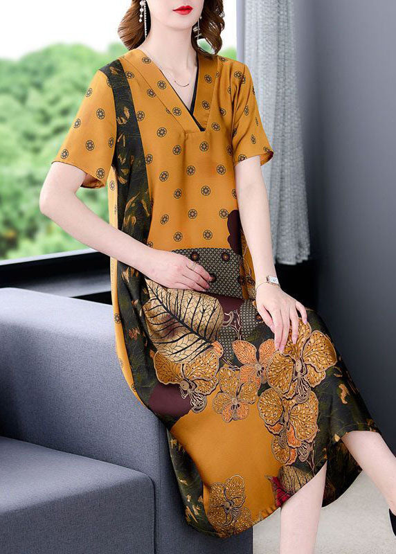 Plus Size Yellow V Neck Print Silk Long Dress Summer TH1029 - fabuloryshop