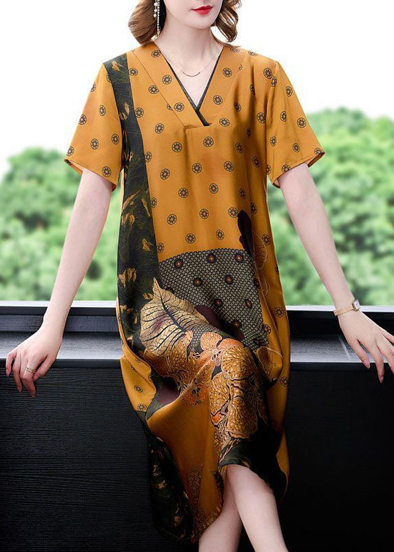 Plus Size Yellow V Neck Print Silk Long Dress Summer TH1029 - fabuloryshop