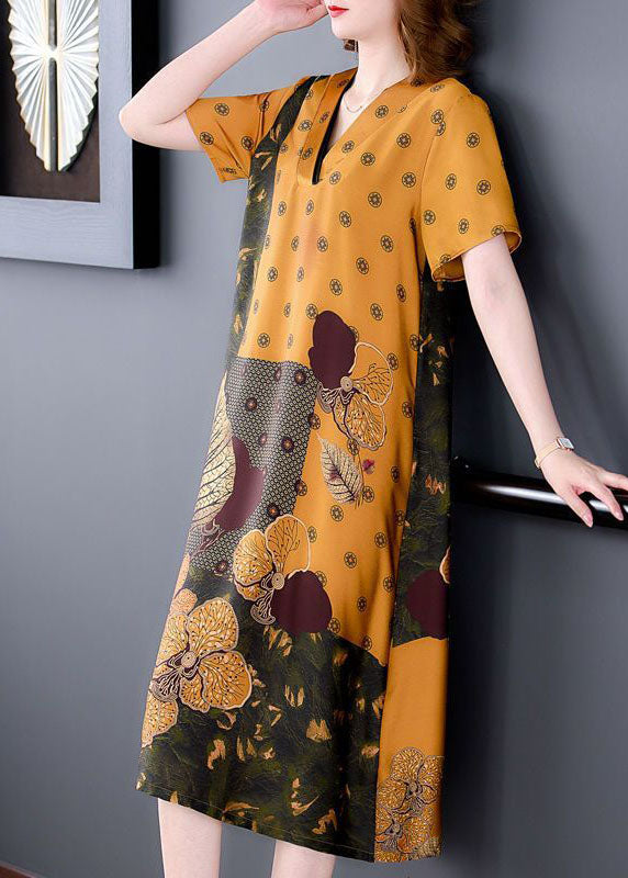 Plus Size Yellow V Neck Print Silk Long Dress Summer TH1029 - fabuloryshop