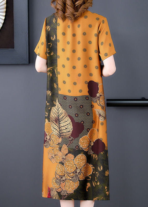 Plus Size Yellow V Neck Print Silk Long Dress Summer TH1029 - fabuloryshop