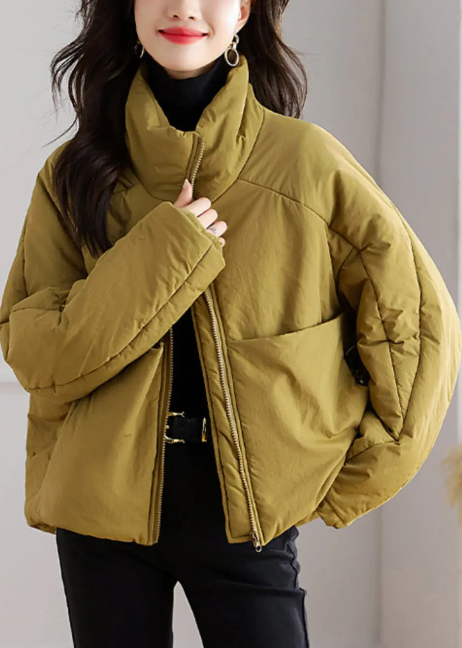 Plus Size Yellow Zip Up Pockets Patchwork Parka Winter Ada Fashion