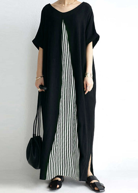 Pocket Short Sleeve Splicing Striped Color Black Maxi Dress LC0019 - fabuloryshop