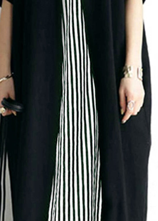 Pocket Short Sleeve Splicing Striped Color Black Maxi Dress LC0019