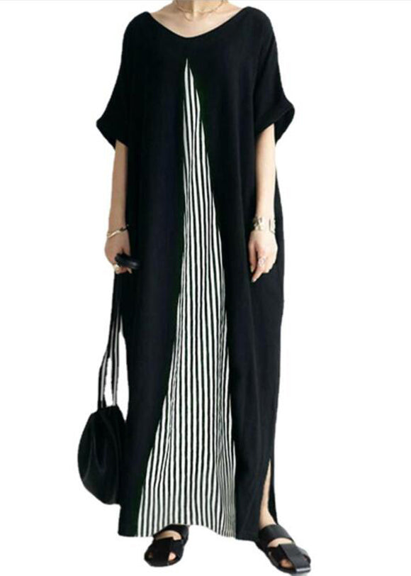 Pocket Short Sleeve Splicing Striped Color Black Maxi Dress LC0019