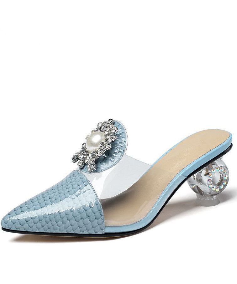 Pointed Toe Blue Zircon Splicing Chunky Clear Heels LC0185 - fabuloryshop