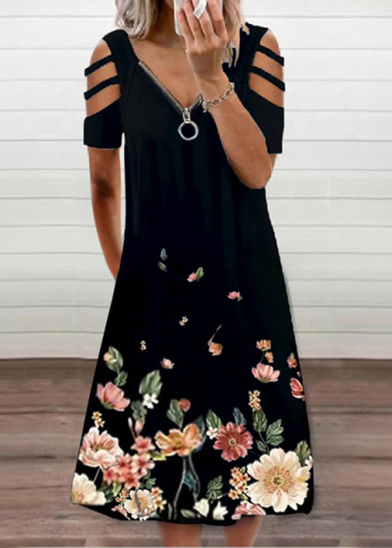 Printed Off The Shoulder Crew Neck Mid Dress Black LY1944 - fabuloryshop