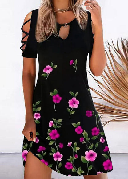 Printed Off The Shoulder Crew Neck Mid Dress Black LY1944 - fabuloryshop