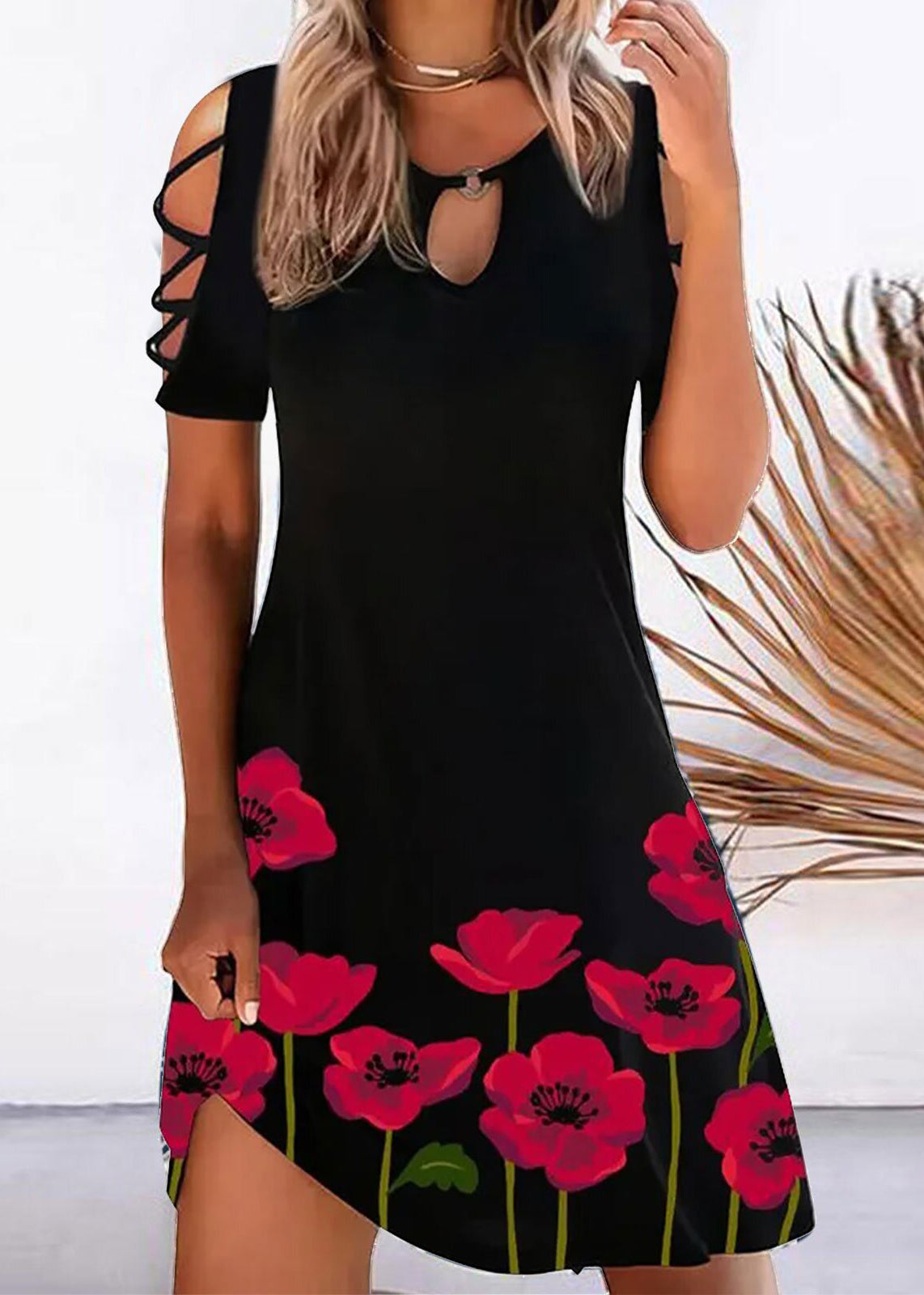 Printed Off The Shoulder Crew Neck Mid Dress Black LY1944 - fabuloryshop