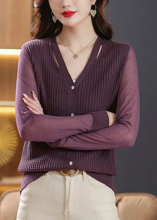 Purple Button Ice Size Knit Cardigan Long Sleeve Ada Fashion