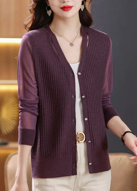 Purple Button Ice Size Knit Cardigan Long Sleeve Ada Fashion