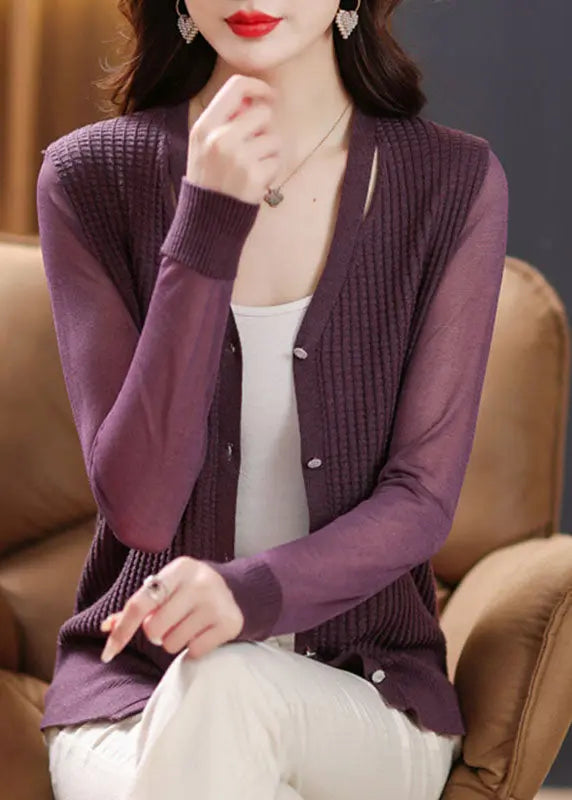 Purple Button Ice Size Knit Cardigan Long Sleeve Ada Fashion