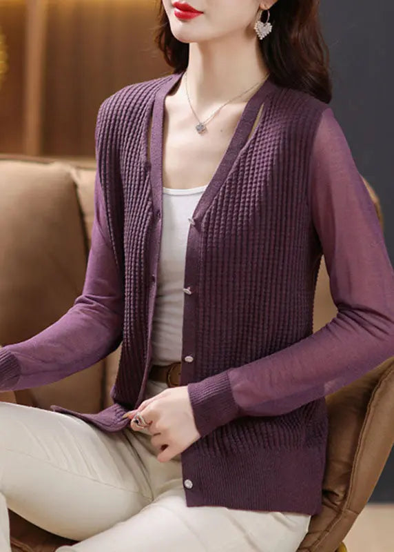 Purple Button Ice Size Knit Cardigan Long Sleeve Ada Fashion