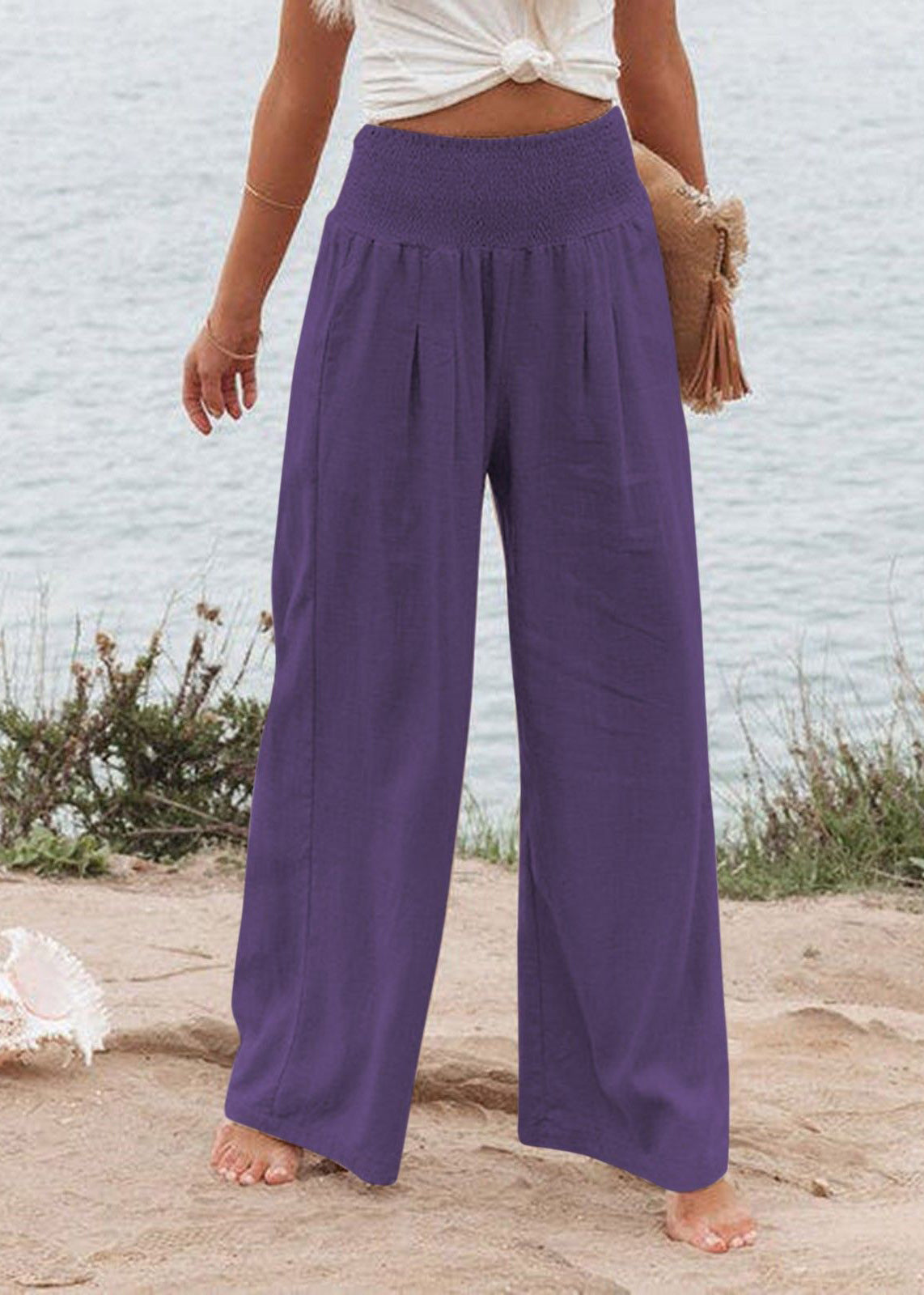 Purple High Waist Elastic Waist Linen Long Pants LY1964