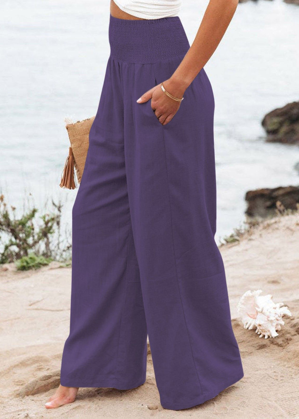 Purple High Waist Elastic Waist Linen Long Pants LY1964 - fabuloryshop