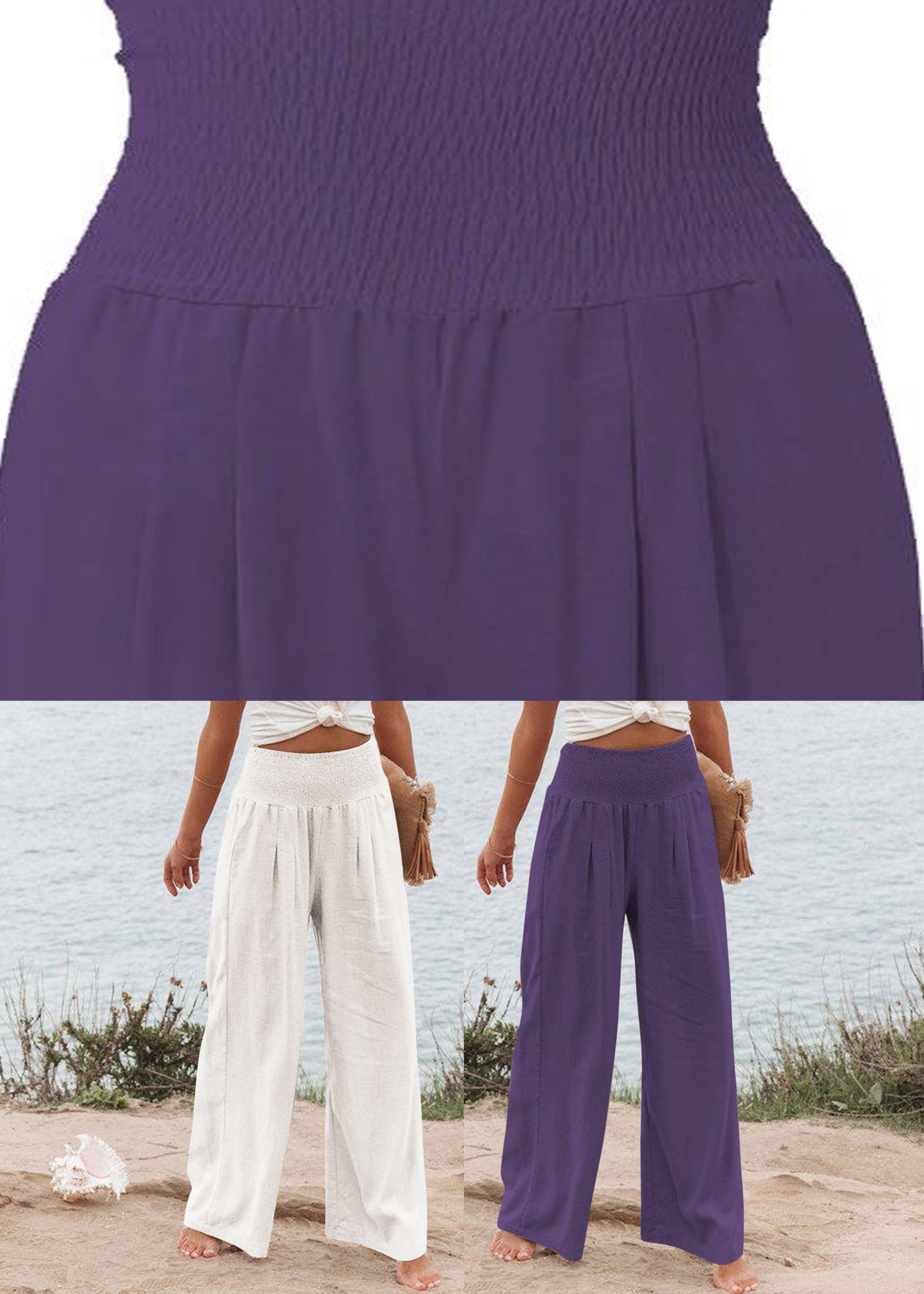 Purple High Waist Elastic Waist Linen Long Pants LY1964 - fabuloryshop