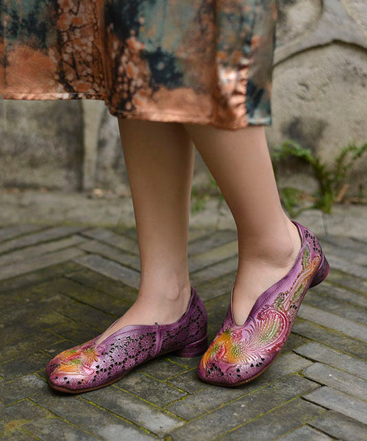 Purple Hollow Out Embossed Splicing Cowhide Leather Flat Shoes For Women LY7621