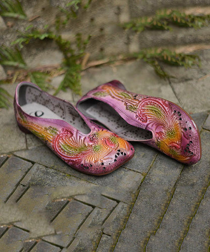 Purple Hollow Out Embossed Splicing Cowhide Leather Flat Shoes For Women LY7621