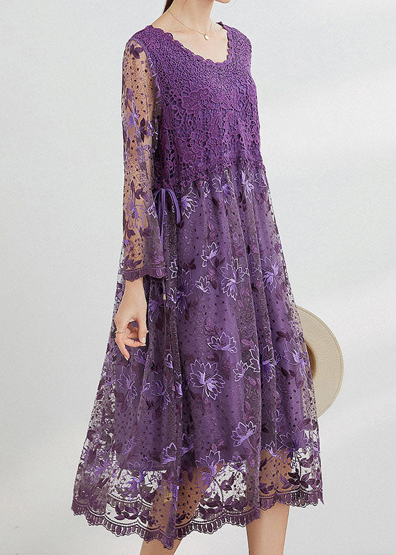 Purple Hollow Out Lace Patchwork Maxi Dresses O Neck Spring LY0017 - fabuloryshop