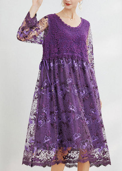 Purple Hollow Out Lace Patchwork Maxi Dresses O Neck Spring LY0017 - fabuloryshop