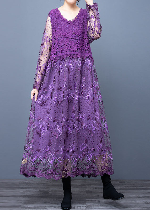 Purple Hollow Out Lace Patchwork Maxi Dresses O Neck Spring LY0017 - fabuloryshop