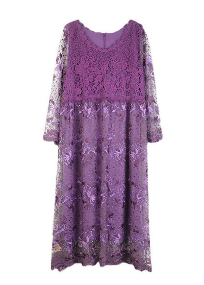 Purple Hollow Out Lace Patchwork Maxi Dresses O Neck Spring LY0017 - fabuloryshop